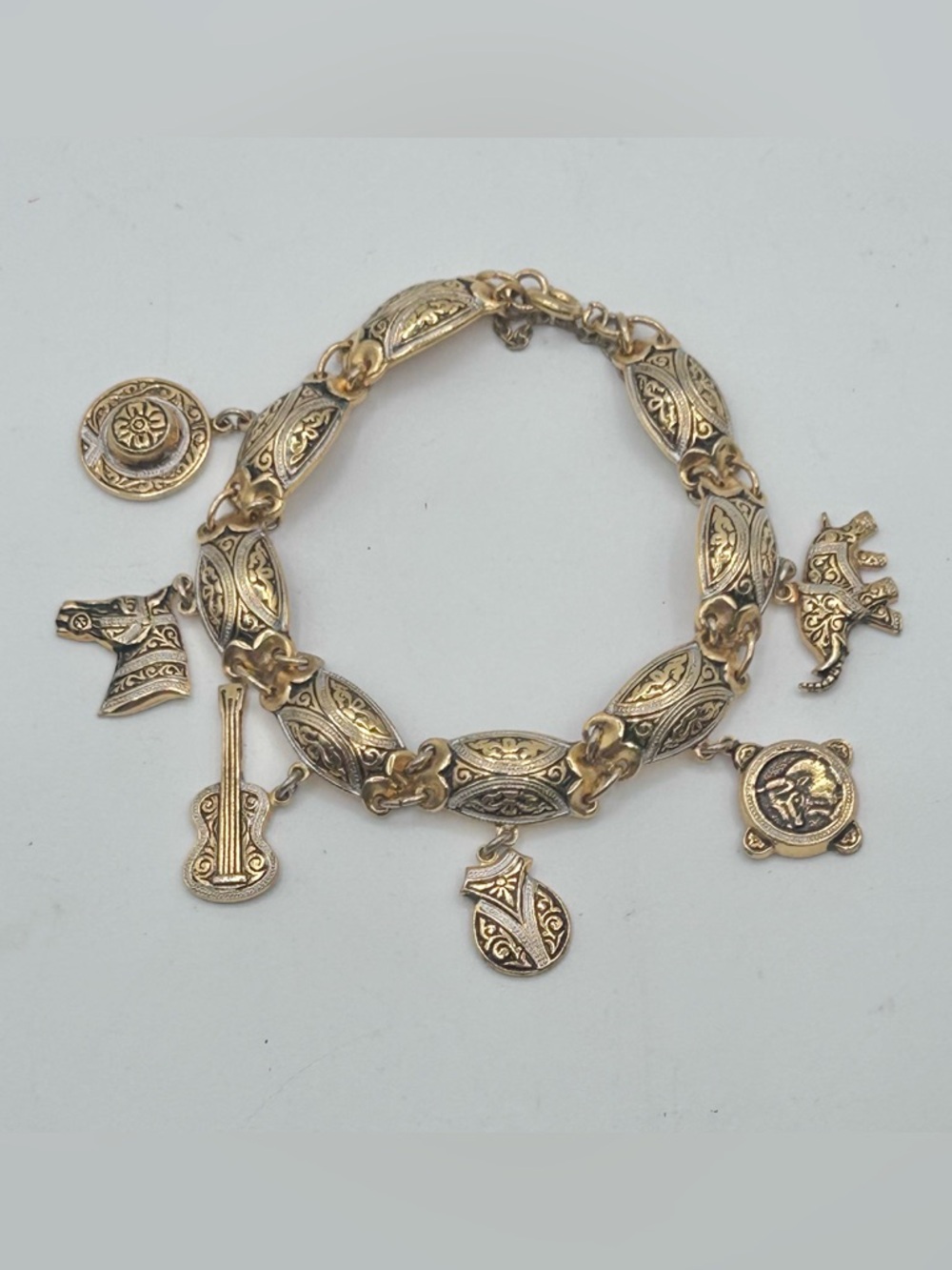 Vintage Gold Tone Damascene 5 Dangle Charm 7" Bracelet & Safety Chain